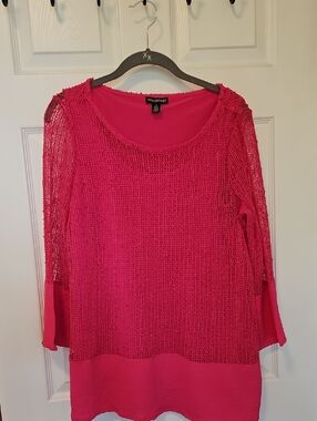 Nina Leonard Hot Pink Layered Open-Knit Pullover Tunic